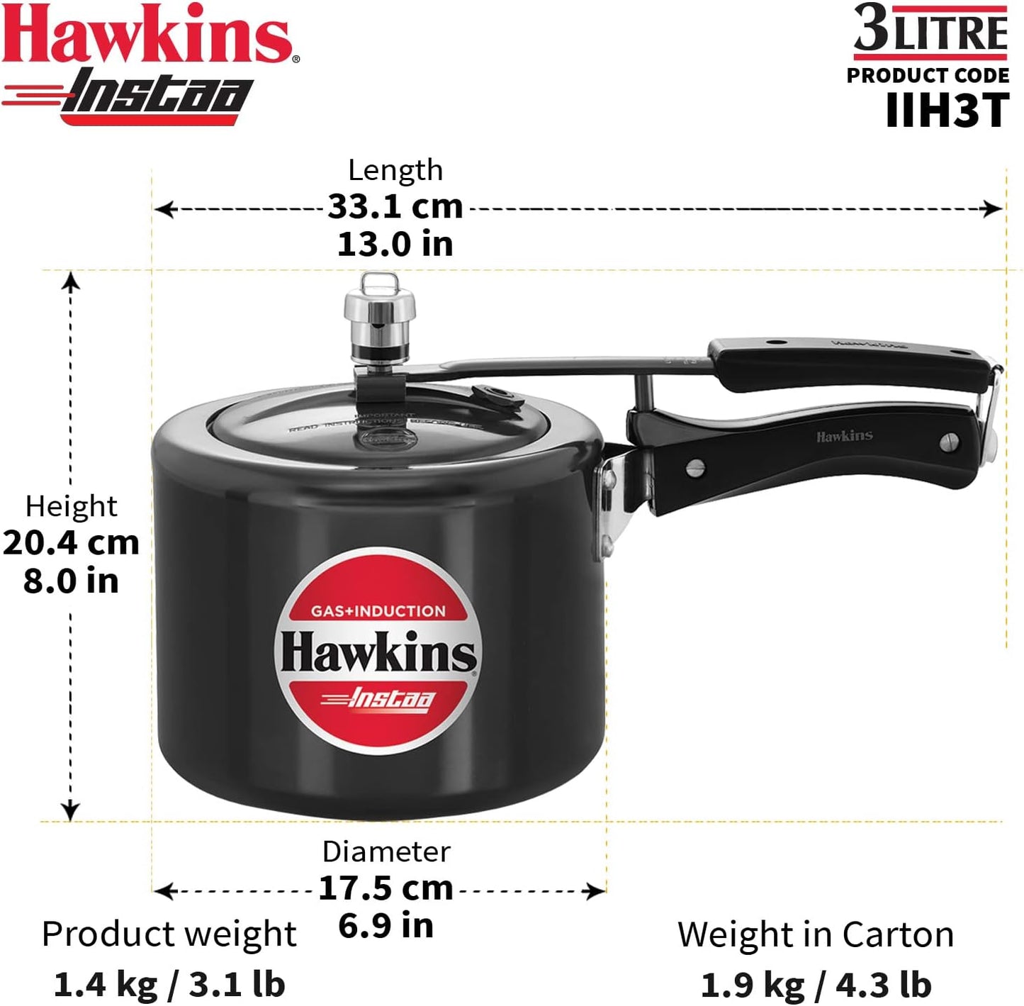 Hawkins Instaa IIH3T 3 Litre Pressure Cooker | Hard Anodised Induction Australia