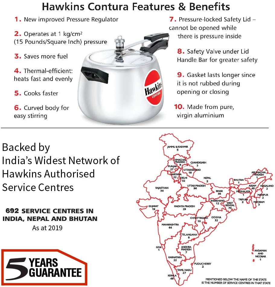Hawkins Contura HC65 6.5 Litre Aluminium Pressure Cooker | Rounded Body Gas Stove Cooker