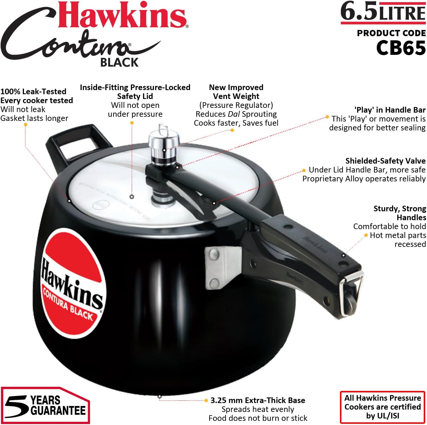 Hawkins CB65 6.5 Litre Hard-Anodised Pressure Cooker | Durable Aluminium Gas Stove Cooker