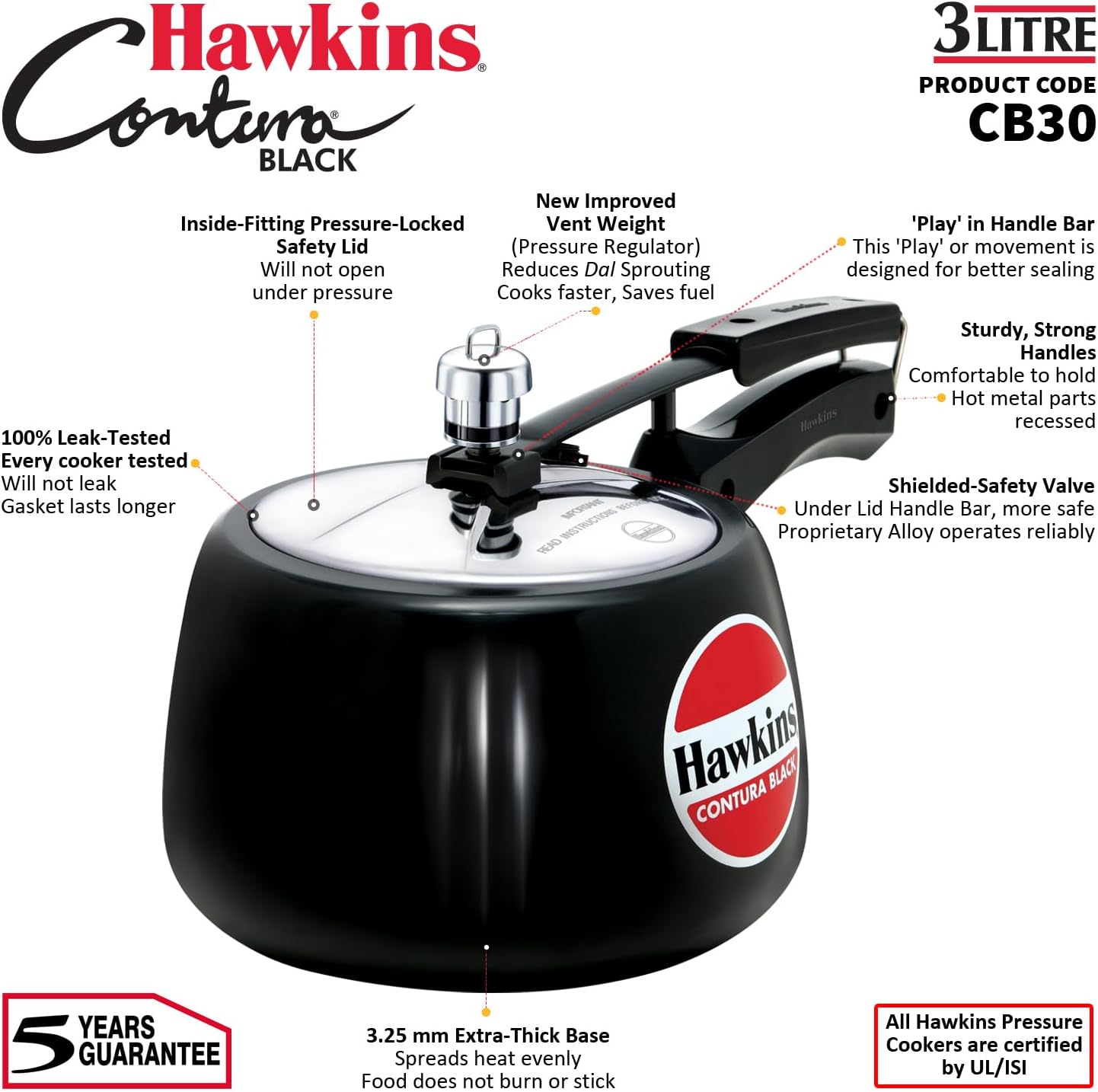 Hawkins CB30 3 Litre Hard-Anodised Pressure Cooker | Durable Aluminium, Buy Online AU