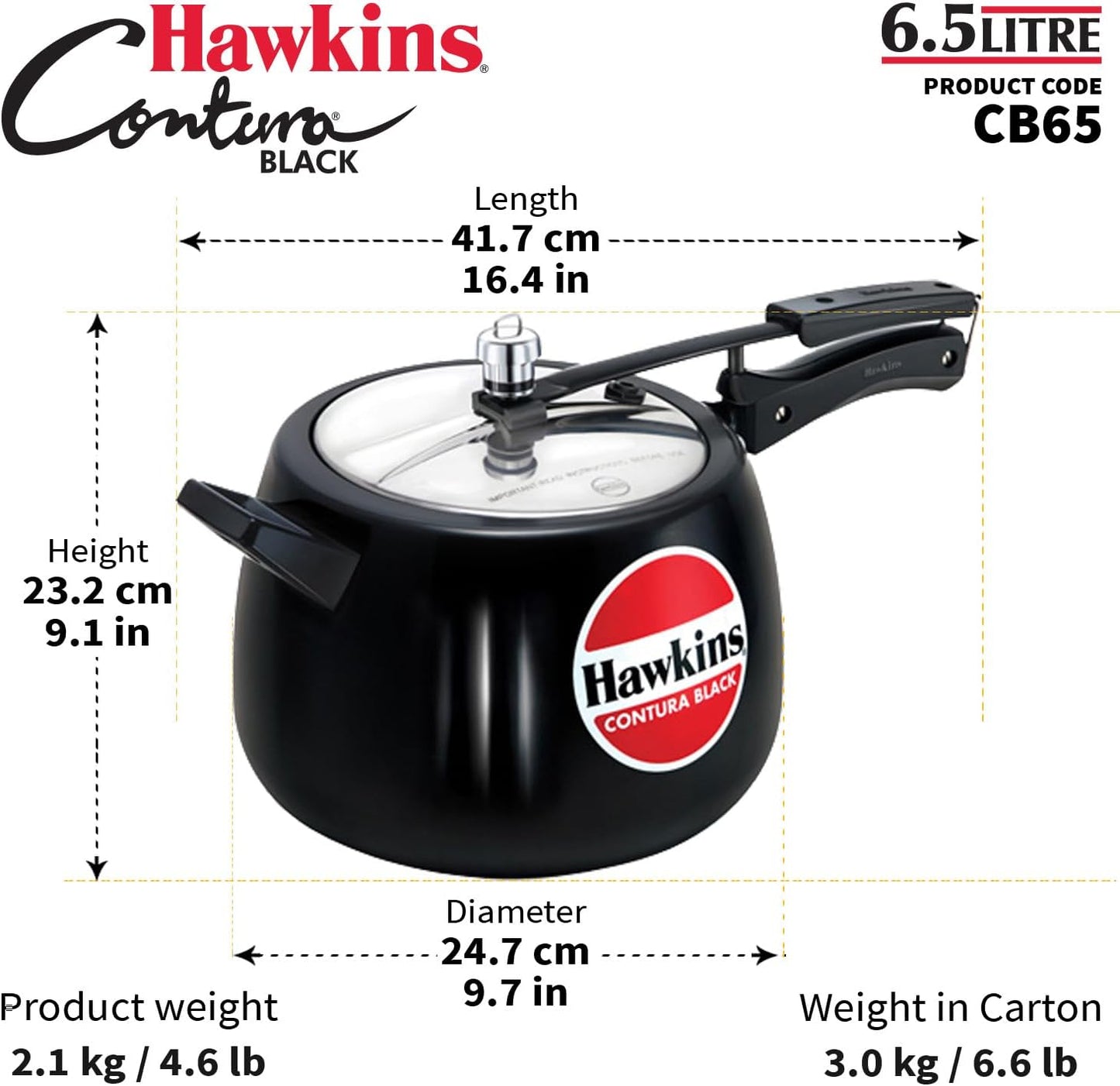 Hawkins CB65 6.5 Litre Hard-Anodised Pressure Cooker | Durable Aluminium Gas Stove Cooker