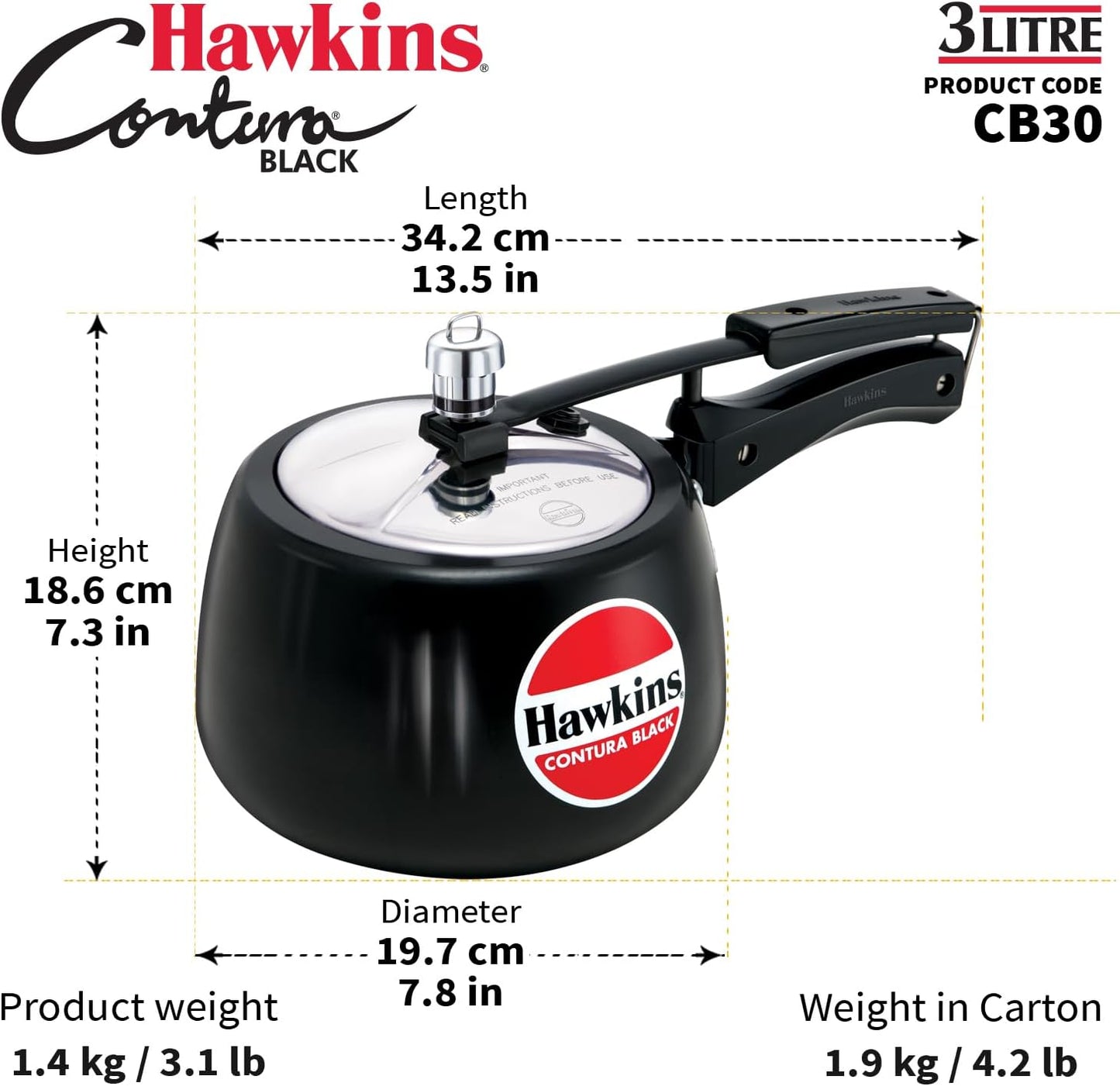 Hawkins CB30 3 Litre Hard-Anodised Pressure Cooker | Durable Aluminium, Buy Online AU
