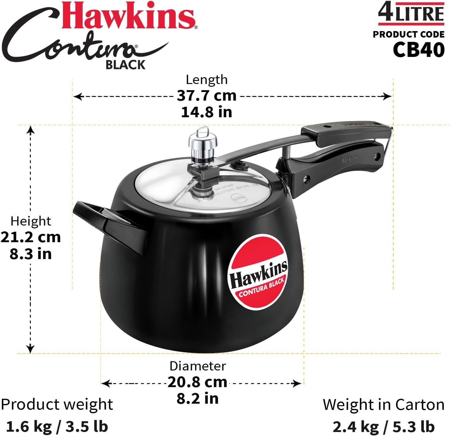 Hawkins CB40 4 Litre Hard-Anodised Pressure Cooker | Durable Aluminium Gas Stove Cooker